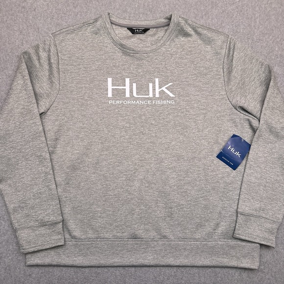 NEW Huk Performance Fishing Fin Fleece Crewneck Sweatshirt Men's XL Gray NWT - Picture 1 of 9